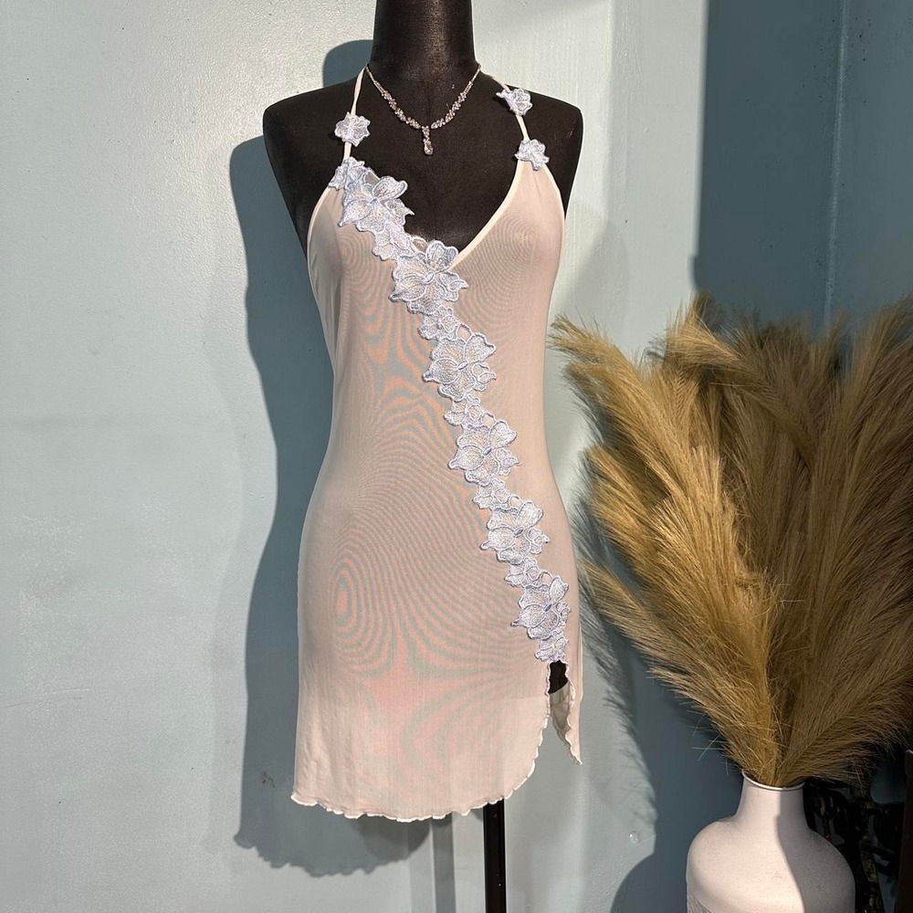 Vintage Frederick's of Hollywood Sheer Mesh Slip Dress Blue Floral Lace S